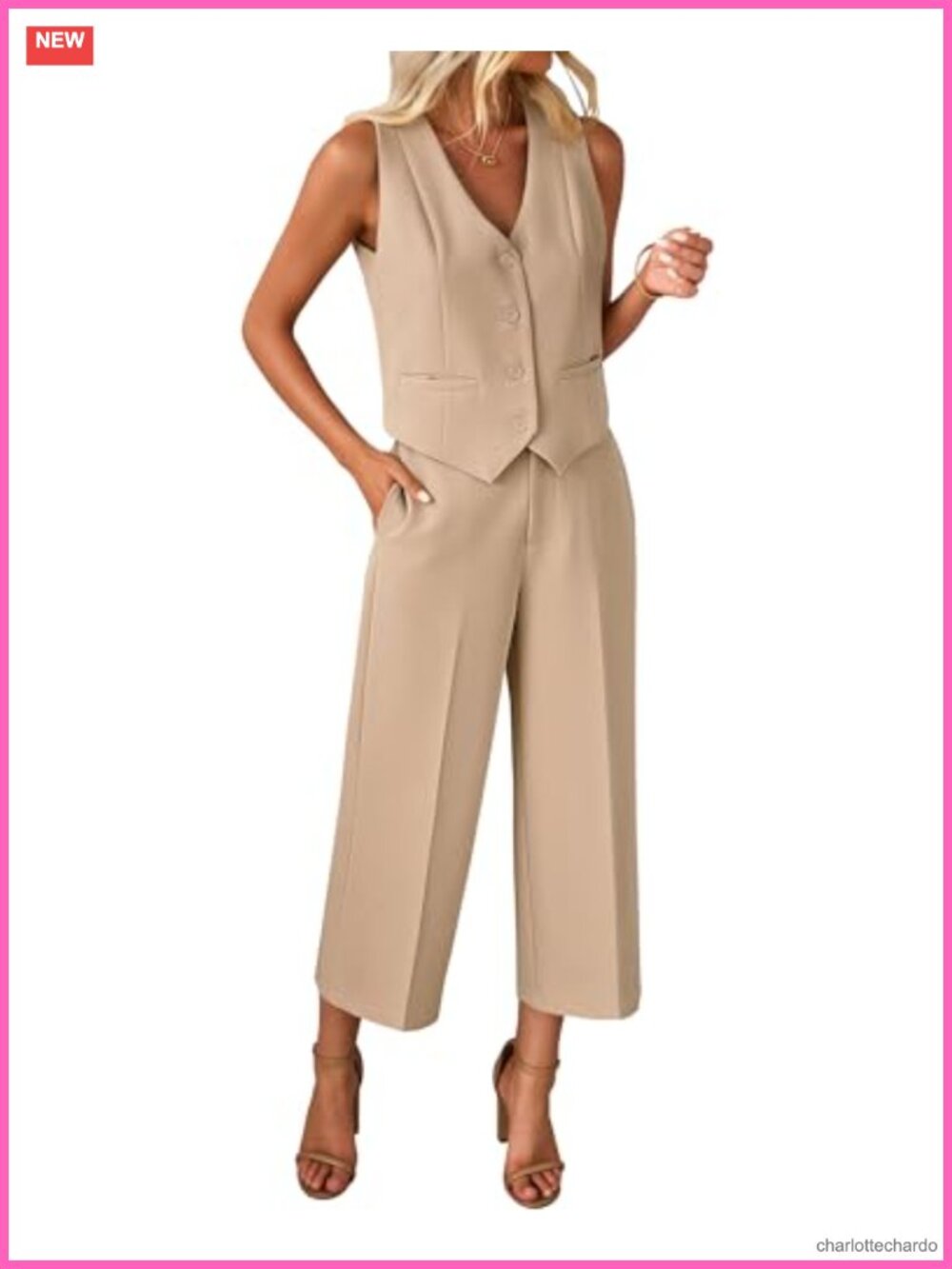 Wide Leg 2 Piece Pantsuit Set Sleeveless Vest & Capri Pants Business Work Outfit